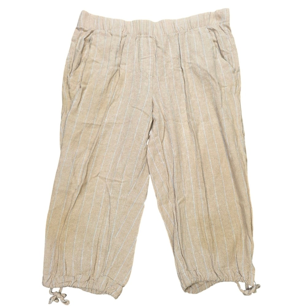 Land 'n Sea Linen Blend Cropped Pants Women's Size M Tan Pinstripe Elastic Waist
